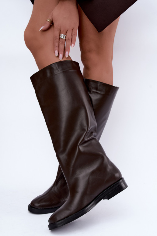 Bottes hautes en cuir chaudes avec larges talons en marron Zazoo 542