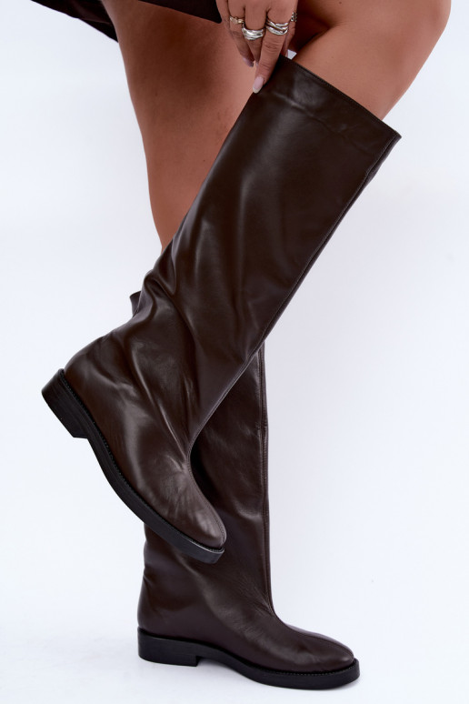 Bottes hautes en cuir chaudes avec larges talons en marron Zazoo 542