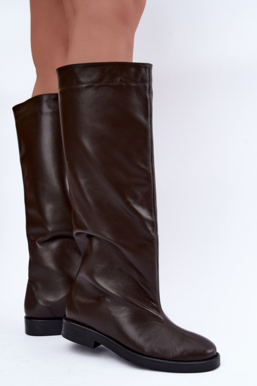 Bottes hautes en cuir chaudes avec larges talons en marron Zazoo 542
