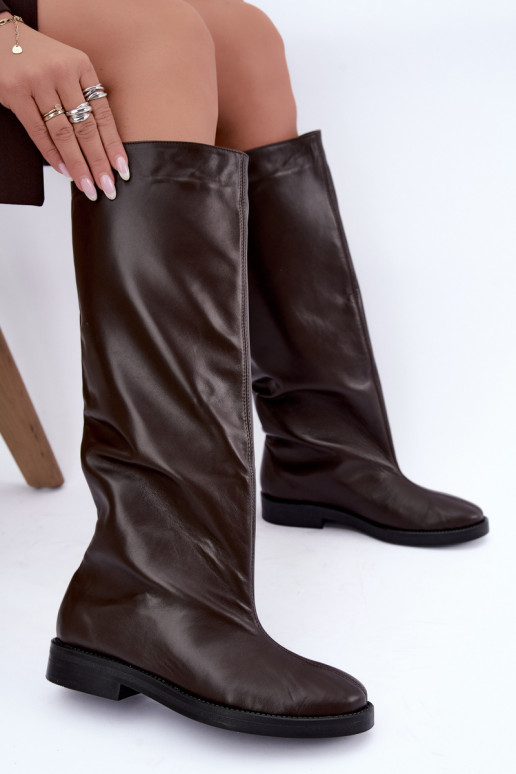 Bottes hautes en cuir chaudes avec larges talons en marron Zazoo 542