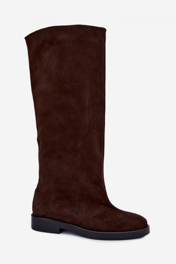 Bottes hautes en daim synthétique chaudes avec larges talons en marron Zazoo 542