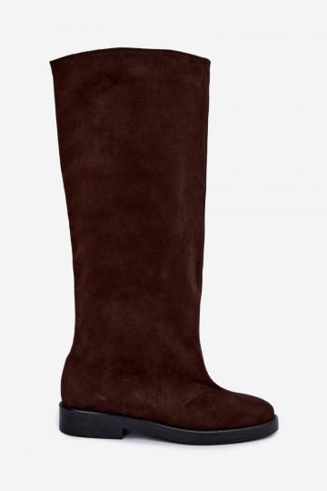 Bottes hautes en daim synthétique chaudes avec larges talons en marron Zazoo 542 2