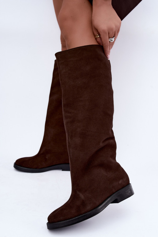 Bottes hautes en daim synthétique chaudes avec larges talons en marron Zazoo 542