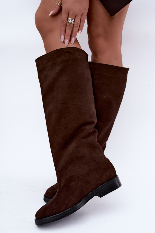 Bottes hautes en daim synthétique chaudes avec larges talons en marron Zazoo 542
