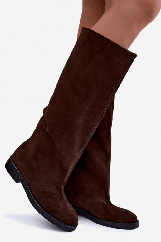 Bottes hautes en daim synthétique chaudes avec larges talons en marron Zazoo 542