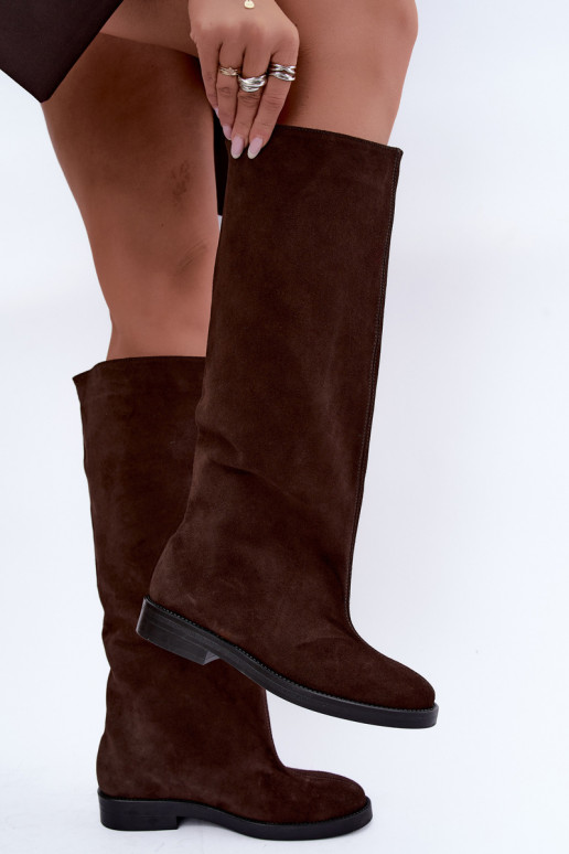 Bottes hautes en daim synthétique chaudes avec larges talons en marron Zazoo 542