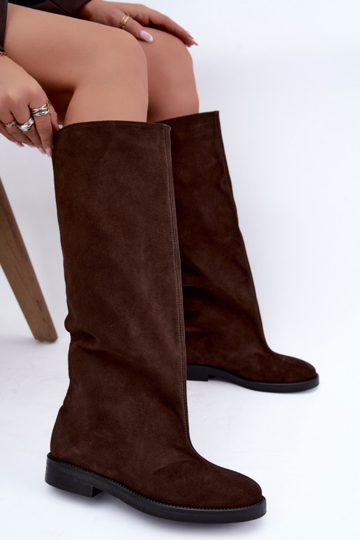 Bottes hautes en daim synthétique chaudes avec larges talons en marron Zazoo 542