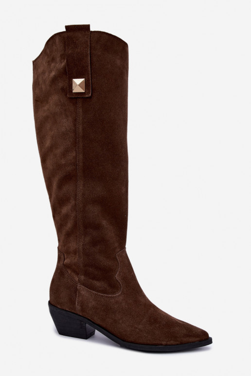 Bottes hautes chaudes en daim synthétique de style cowboy en marron Zazoo 4224