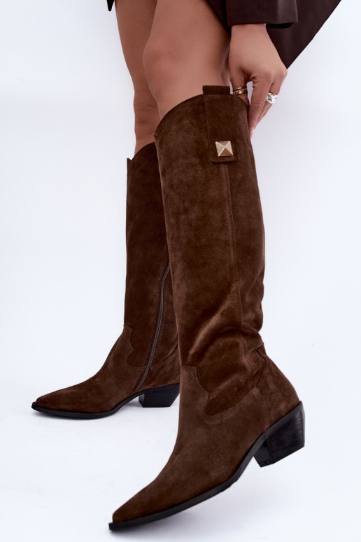 Bottes hautes chaudes en daim synthétique de style cowboy en marron Zazoo 4224