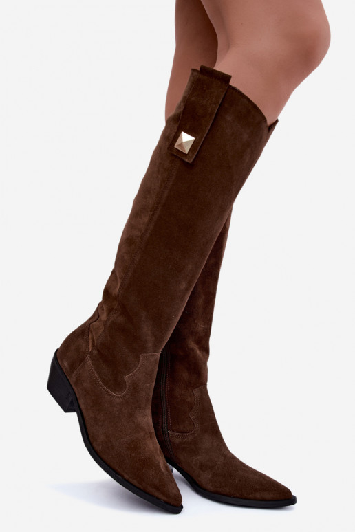 Bottes hautes chaudes en daim synthétique de style cowboy en marron Zazoo 4224