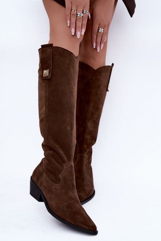 Bottes hautes chaudes en daim synthétique de style cowboy en marron Zazoo 4224