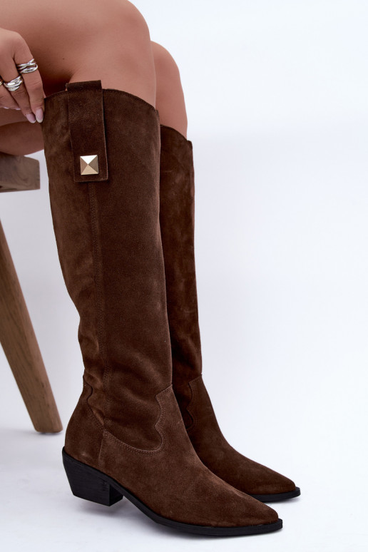 Bottes hautes chaudes en daim synthétique de style cowboy en marron Zazoo 4224