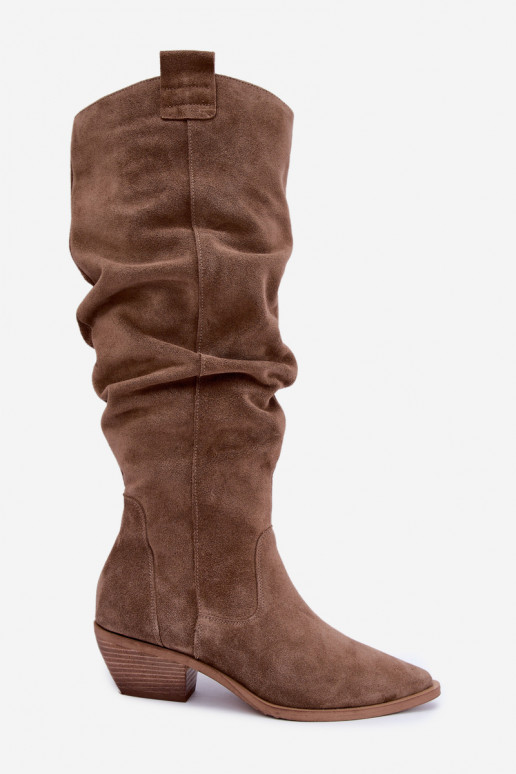 Bottes hautes chaudes froissées en daim synthétique de style cowboy en marron Zazoo 4313
