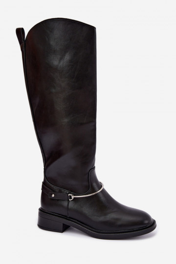 Bottes hautes avec larges talons et rubans décoratifs en couleur noire INillene 2