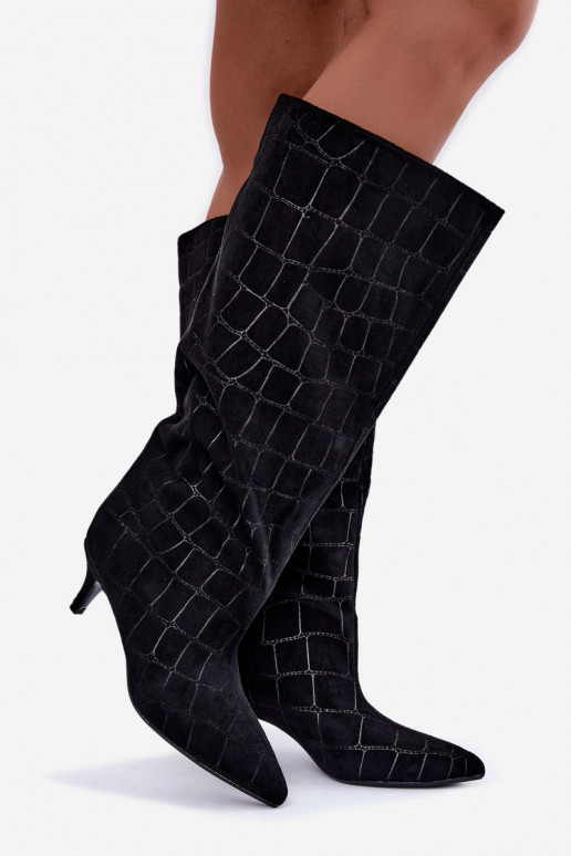 Bottes noires à enfiler au-dessus du genou avec détails embossés et talons Cazelle