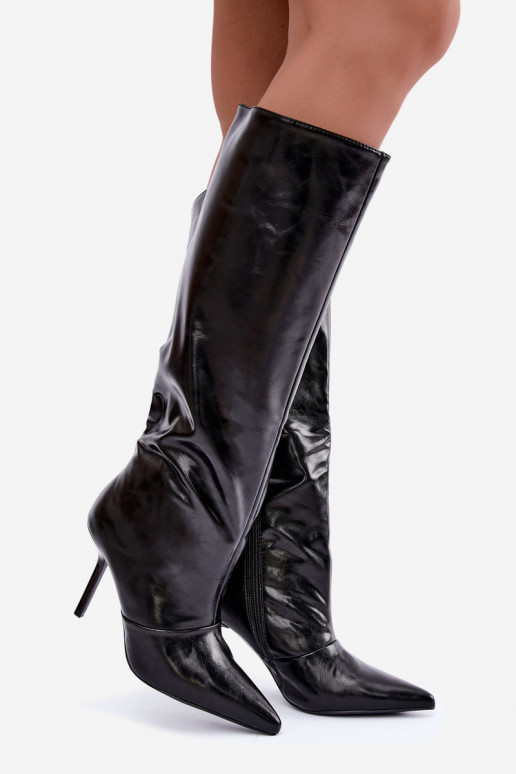 Bottes chaudes au-dessus du genou avec talons fins couleur noire Fenoria