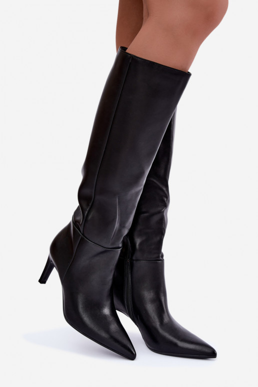 Bottes chaudes jusqu'au genou avec volants et talons en noir Rodeline