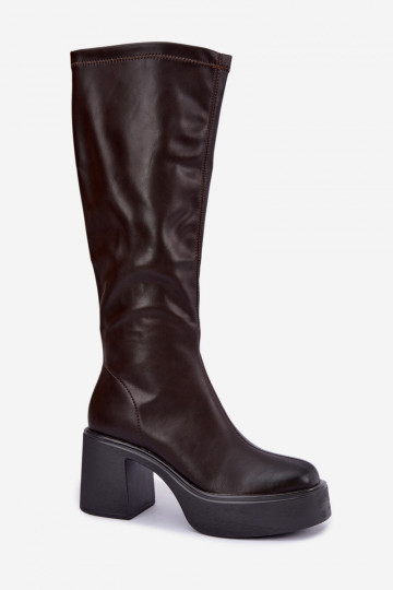 Bottes hautes pour femmes avec plateforme et talons en cuir synthétique couleur chocolat Nesalie 2