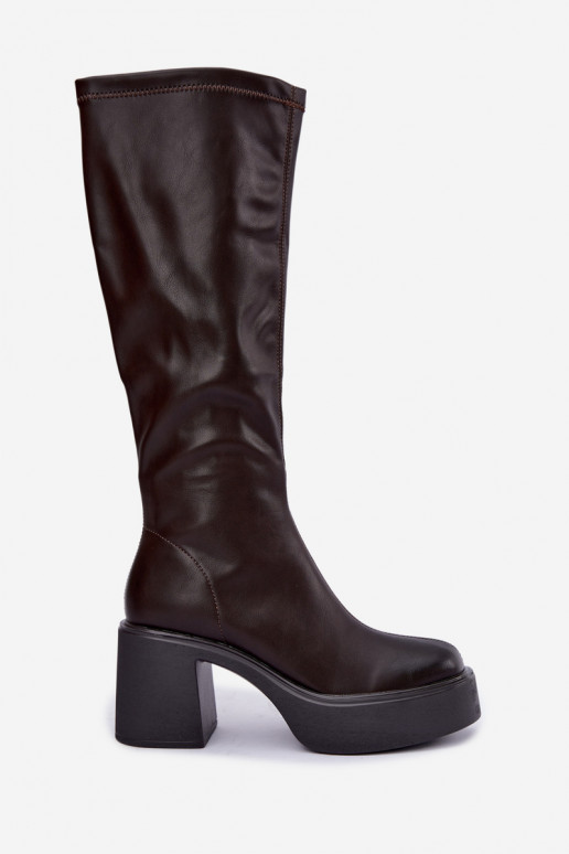 Bottes hautes pour femmes avec plateforme et talons en cuir synthétique couleur chocolat Nesalie