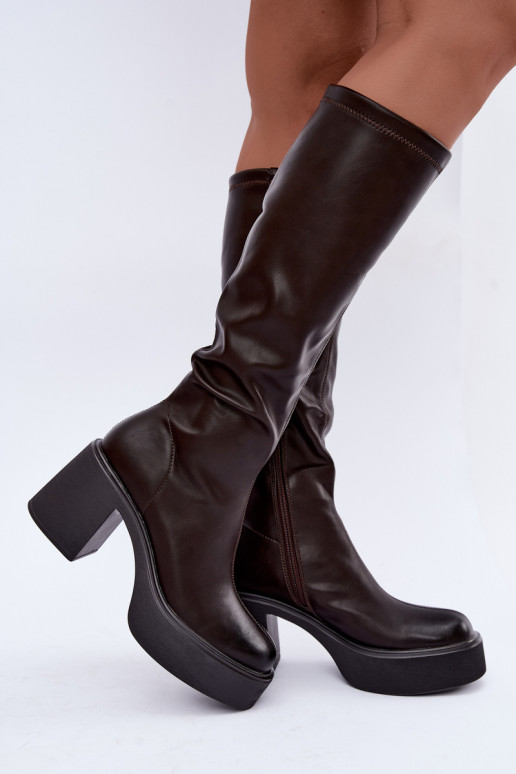 Bottes hautes pour femmes avec plateforme et talons en cuir synthétique couleur chocolat Nesalie
