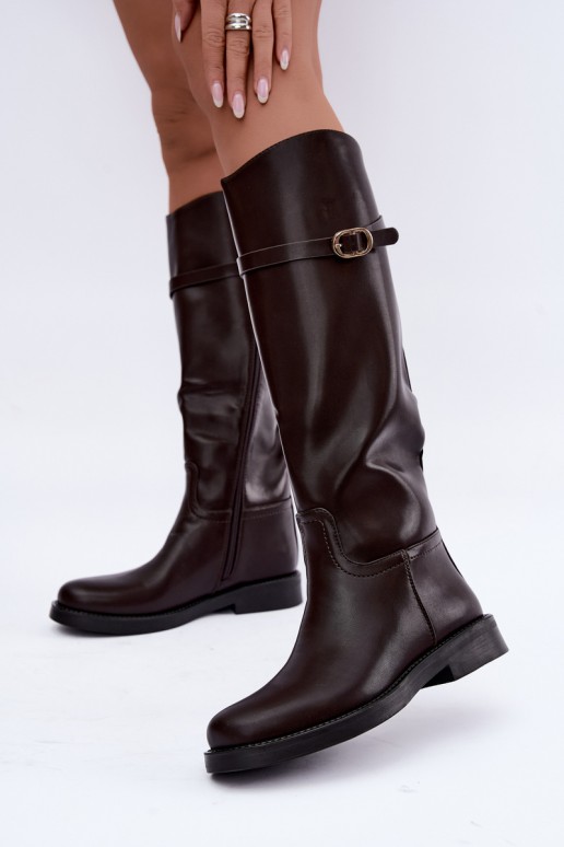 Bottes hautes pour femmes avec talons larges et sangles avec boucles couleur chocolat Sylvena