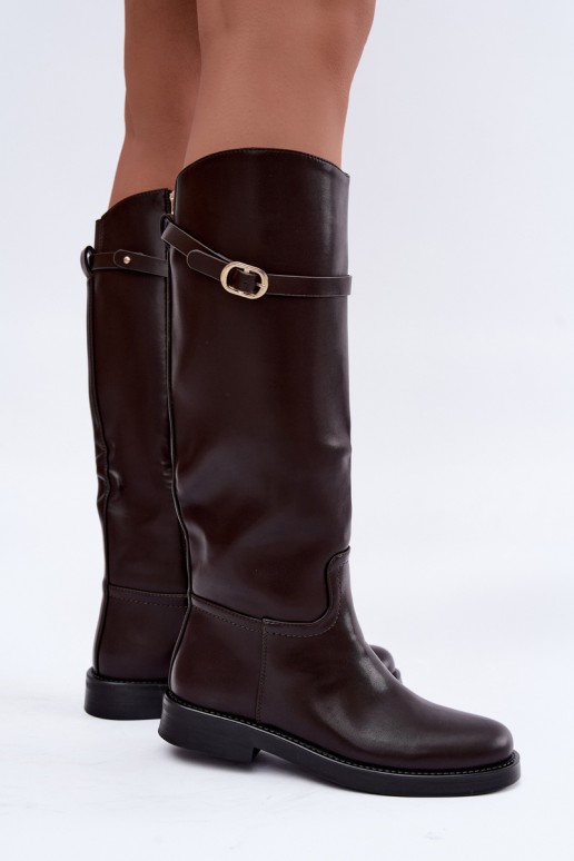 Bottes hautes pour femmes avec talons larges et sangles avec boucles couleur chocolat Sylvena