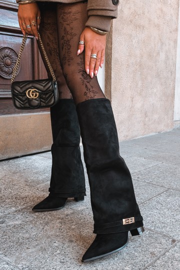 Bottes hautes chaudes avec tige cousue et talons en noir Jorella