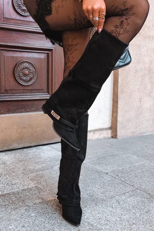 Bottes hautes chaudes avec tige cousue et talons en noir Jorella