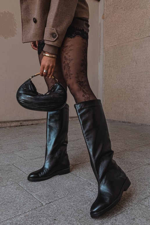 Bottes hautes en cuir chaudes avec larges talons en noir Zazoo 542