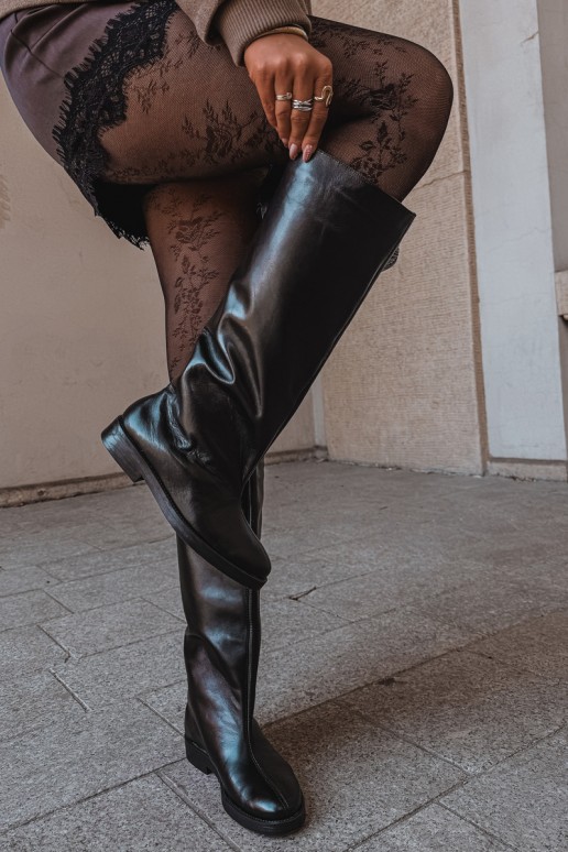 Bottes hautes en cuir chaudes avec larges talons en noir Zazoo 542
