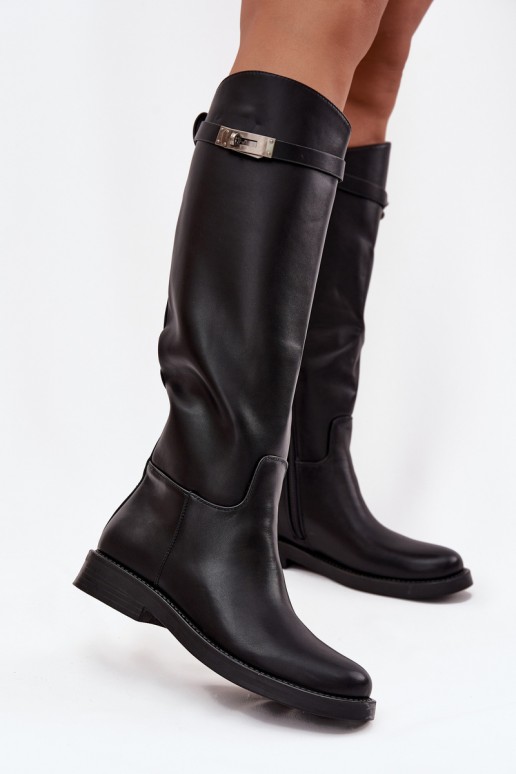 bottes hautes pour femmes avec talons décorés en simili cuir noir Palisse