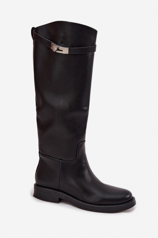 bottes hautes pour femmes avec talons décorés en simili cuir noir Palisse