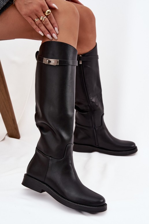 bottes hautes pour femmes avec talons décorés en simili cuir noir Palisse