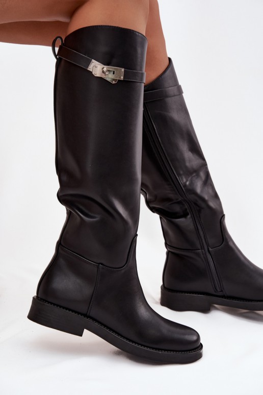 bottes hautes pour femmes avec talons décorés en simili cuir noir Palisse