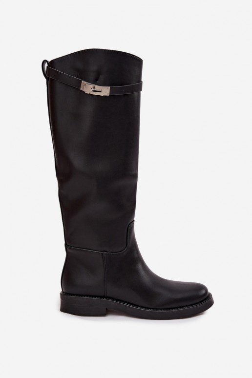bottes hautes pour femmes avec talons décorés en simili cuir noir Palisse