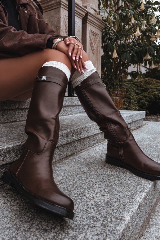 bottes hautes pour femmes avec talons décorés en simili cuir marron Palisse