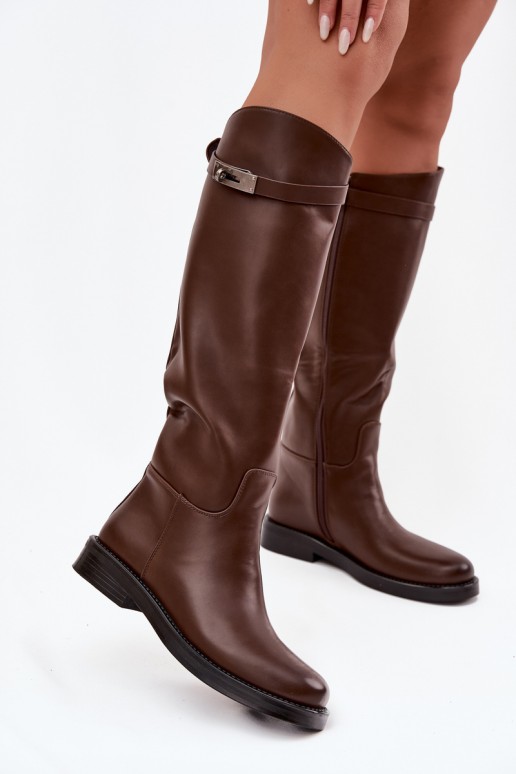 bottes hautes pour femmes avec talons décorés en simili cuir marron Palisse