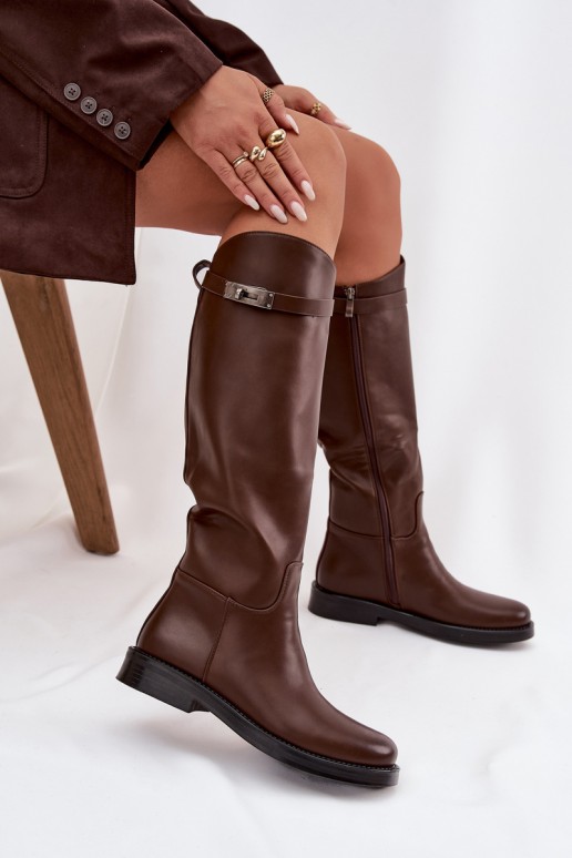 bottes hautes pour femmes avec talons décorés en simili cuir marron Palisse