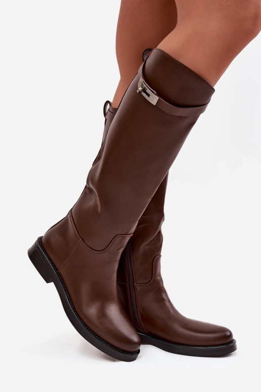 bottes hautes pour femmes avec talons décorés en simili cuir marron Palisse