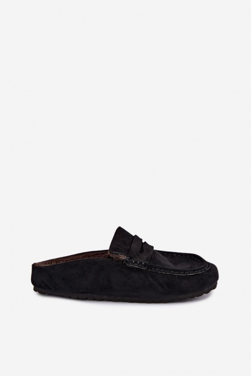 mokassins isolés pour femmes avec talon ouvert et fourrure en couleur noire Sabrielle