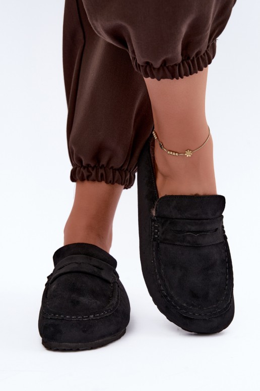 mokassins isolés pour femmes avec talon ouvert et fourrure en couleur noire Sabrielle