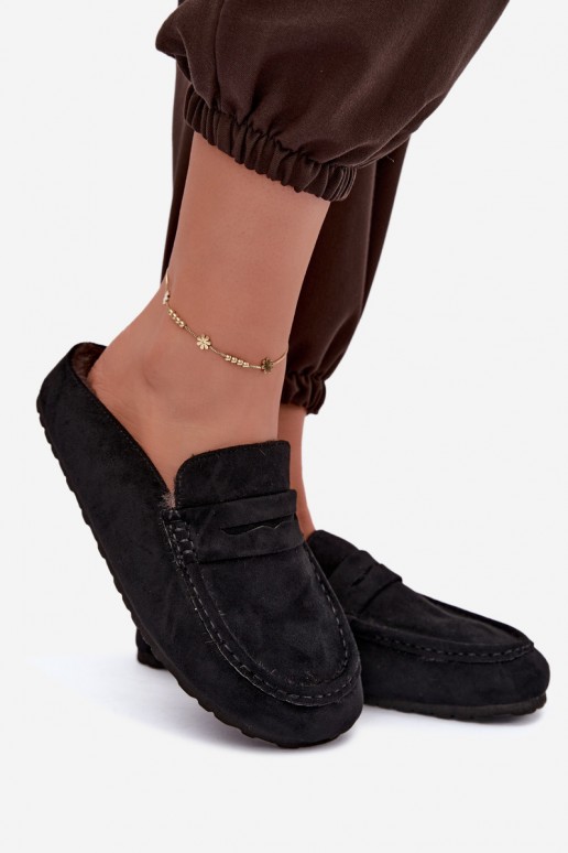 mokassins isolés pour femmes avec talon ouvert et fourrure en couleur noire Sabrielle