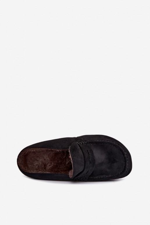 mokassins isolés pour femmes avec talon ouvert et fourrure en couleur noire Sabrielle