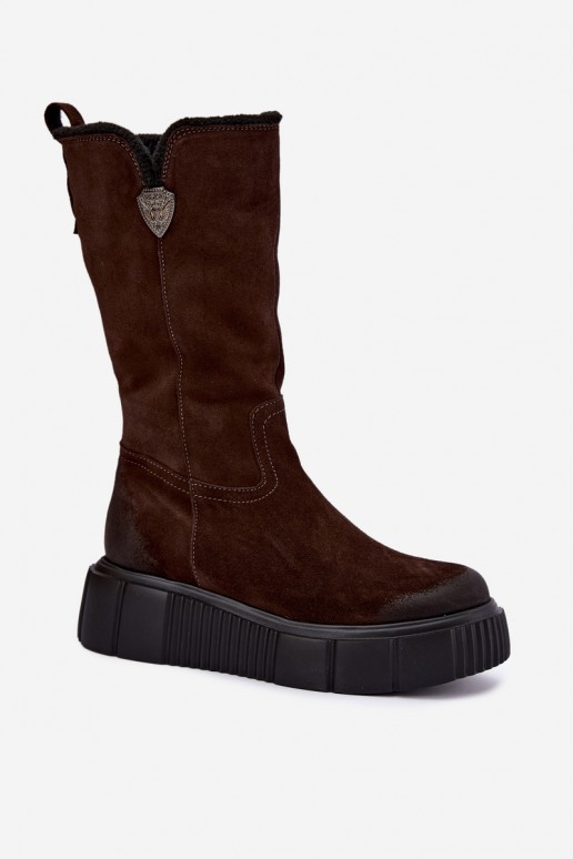 bottes hautes pour femmes en daim synthétique marron avec laine Zazoo
