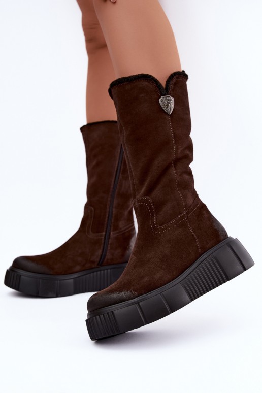 bottes hautes pour femmes en daim synthétique marron avec laine Zazoo