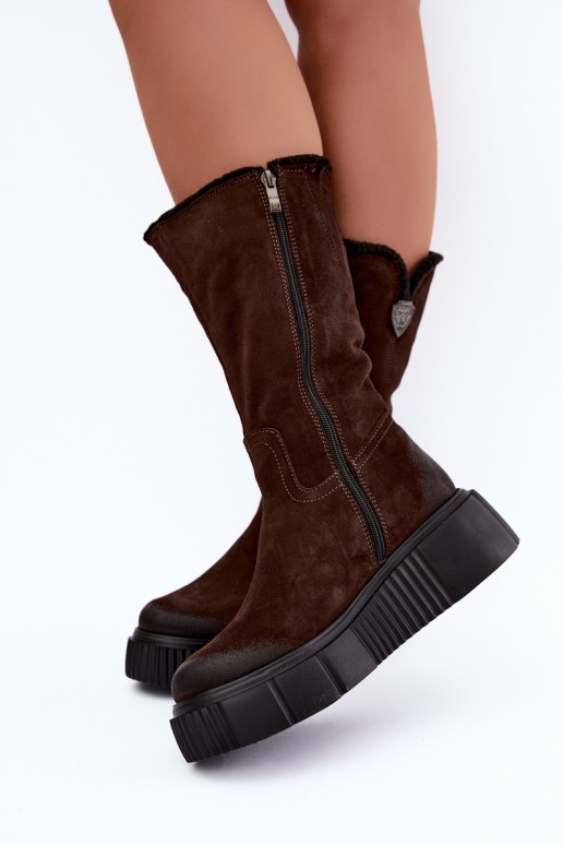 bottes hautes pour femmes en daim synthétique marron avec laine Zazoo