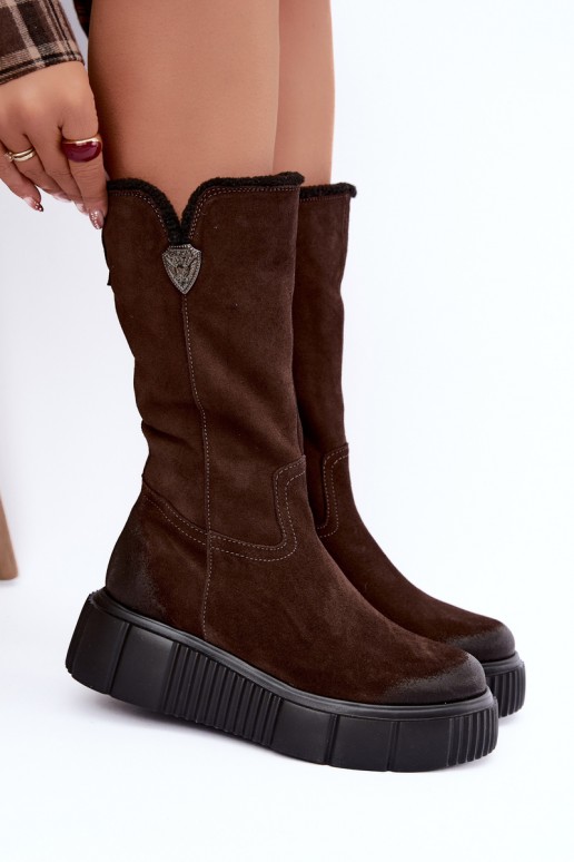 bottes hautes pour femmes en daim synthétique marron avec laine Zazoo