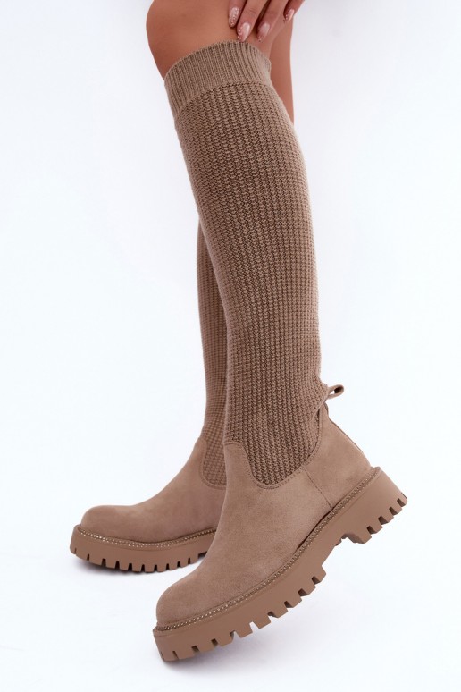 bottes hautes avec tige type chaussette en couleur sable Sarielle