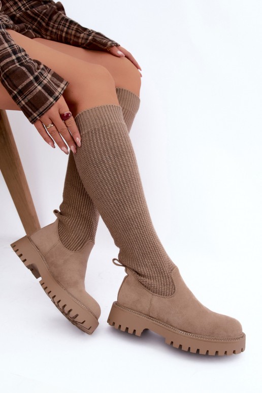 bottes hautes avec tige type chaussette en couleur sable Sarielle