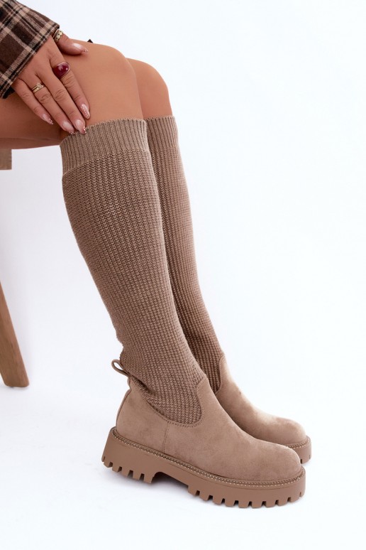 bottes hautes avec tige type chaussette en couleur sable Sarielle